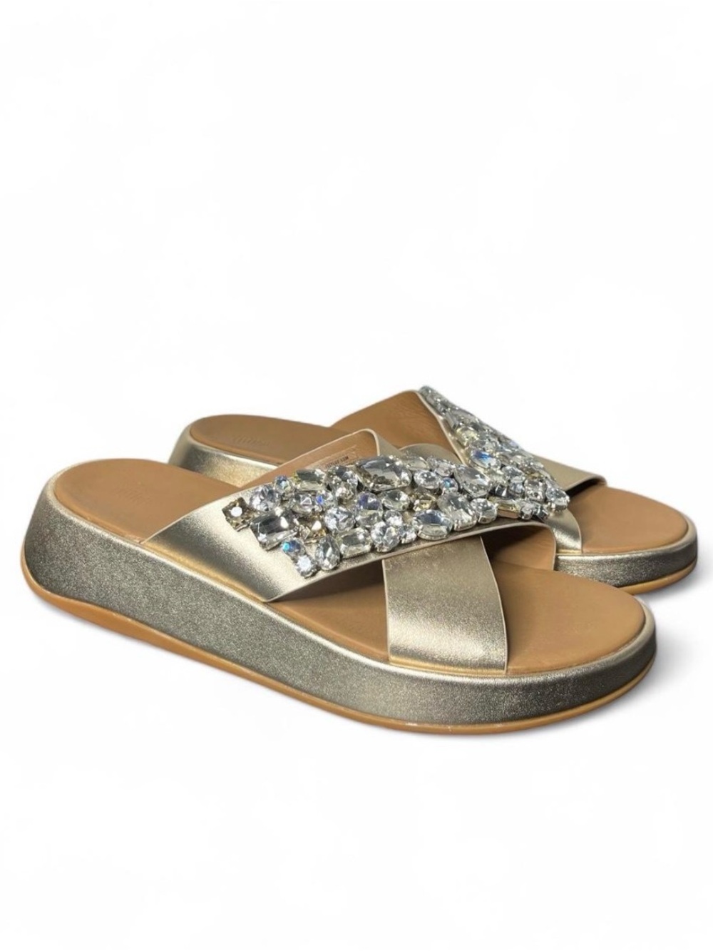 NEW FitFlop F-Mode Jewel-Deluxe Leather Flatform Cross Slides in Platino Gold